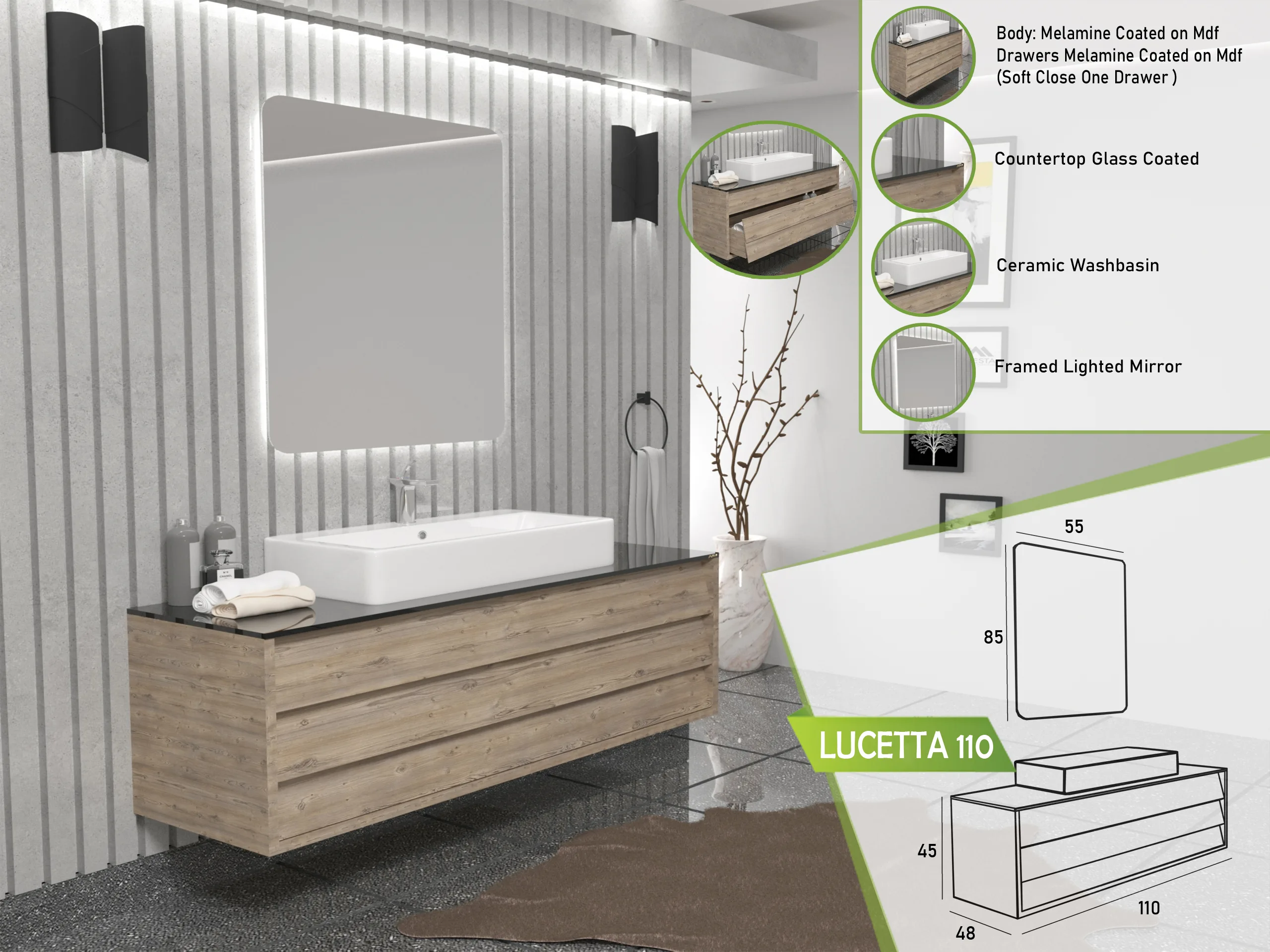 Elegant LUCETTA 110 vanity featuring a natural wooden finish and a framed lighted mirror.