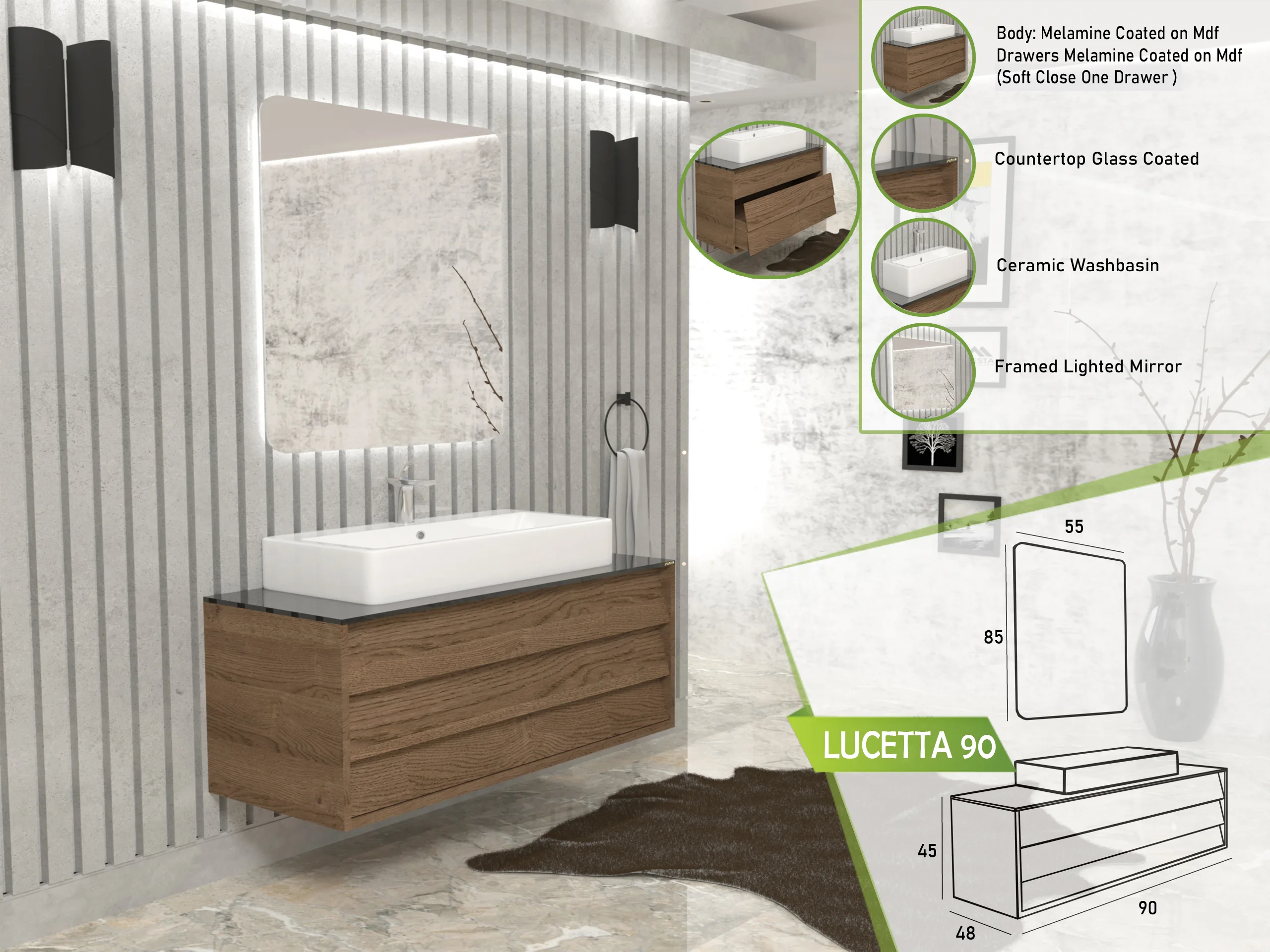 Contemporary LUCETTA 90 bathroom vanity set with wooden finish, ceramic basin, and illuminated mirror.