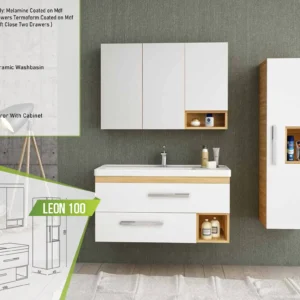 Leon 100 bathroom vanity set displaying a clean white and wood finish, soft-close drawers, a ceramic basin, and a mirrored cabinet with shelving.
