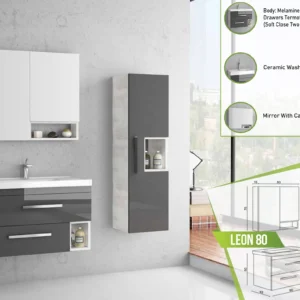 Sleek Leon 80 bathroom vanity set with gray and white finish, soft-close drawers, a ceramic washbasin, and a matching mirror with cabinet.