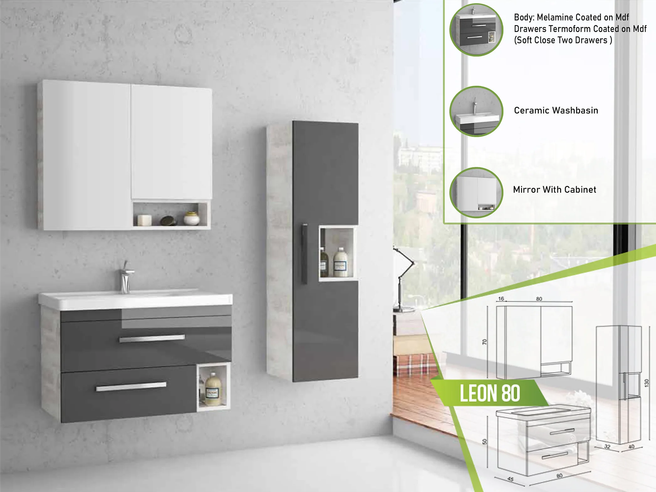Sleek Leon 80 bathroom vanity set with gray and white finish, soft-close drawers, a ceramic washbasin, and a matching mirror with cabinet.