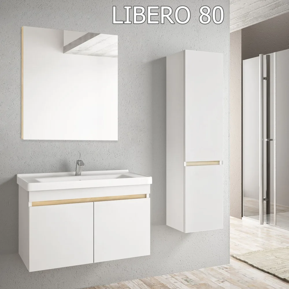 Libero 80 white wall-mounted bathroom vanity set with tall cabinet and minimalist mirror.