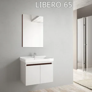 Libero 65 floating bathroom vanity in white with a distinctive wood grain detail.