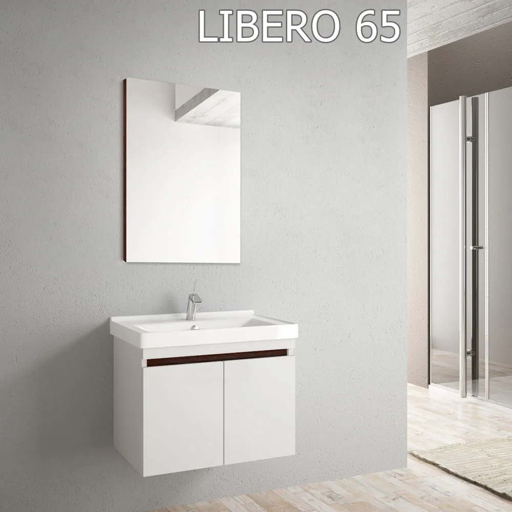 Libero 65 floating bathroom vanity in white with a distinctive wood grain detail.