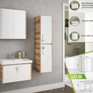 Stylish Luce 65 bathroom vanity featuring a white ceramic washbasin, wooden accents, and a mirrored cabinet.