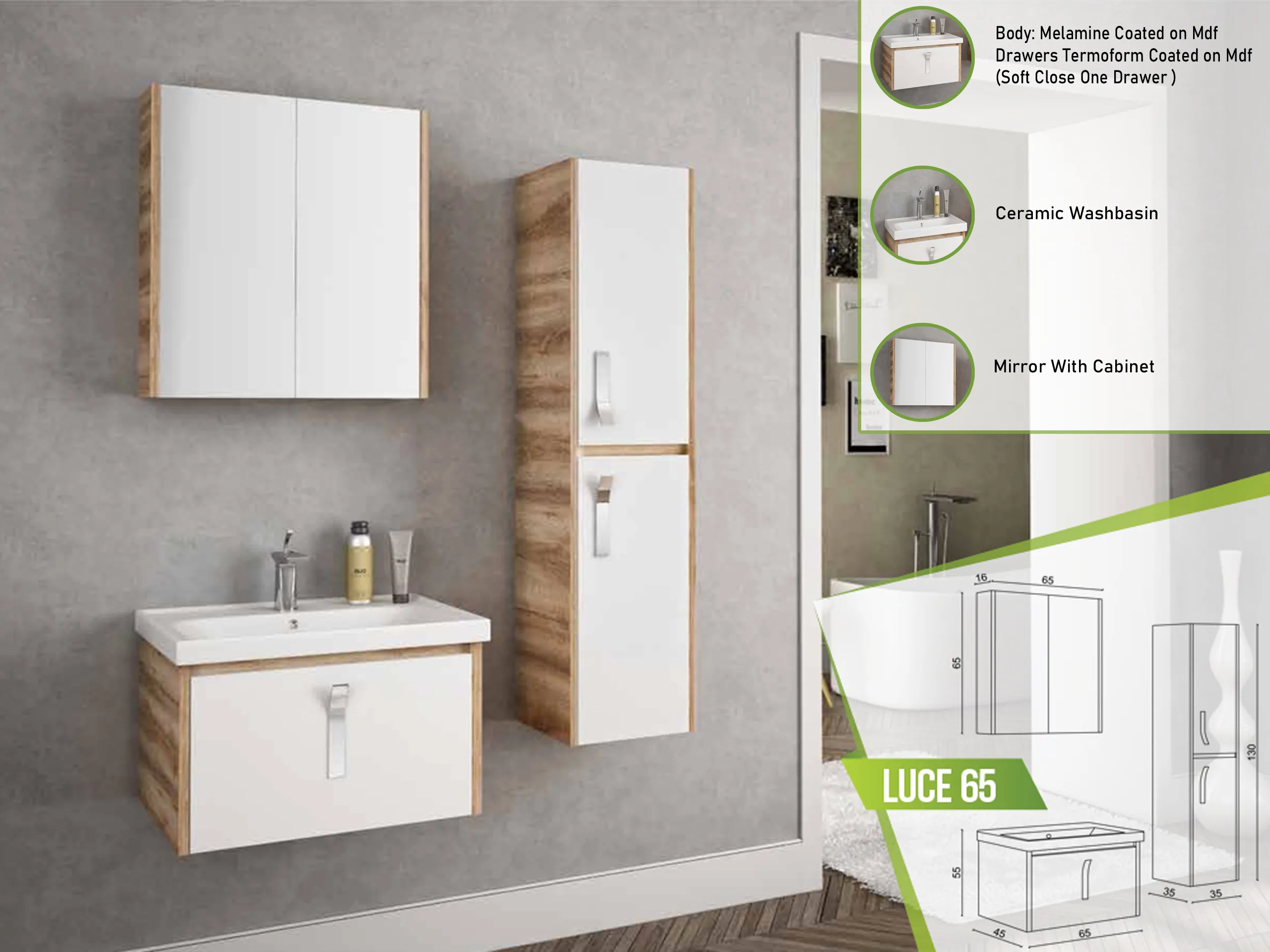 Stylish Luce 65 bathroom vanity featuring a white ceramic washbasin, wooden accents, and a mirrored cabinet.