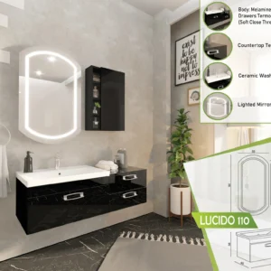 Stunning Lucido 110 vanity set with gloss black finish, soft-close drawers, a countertop with termoform coating, ceramic washbasin, and a uniquely shaped lighted mirror.