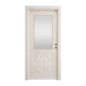 Modern Baklava Glass PVC Interior Modern Baklava Glass PVC Interior Door featuring stylish solid wood and glass door design suitable for any home looking for wood doors or glass doors aesthetics.Door installed in a contemporary home setting, showcasing geometric glass design and sleek white frame.