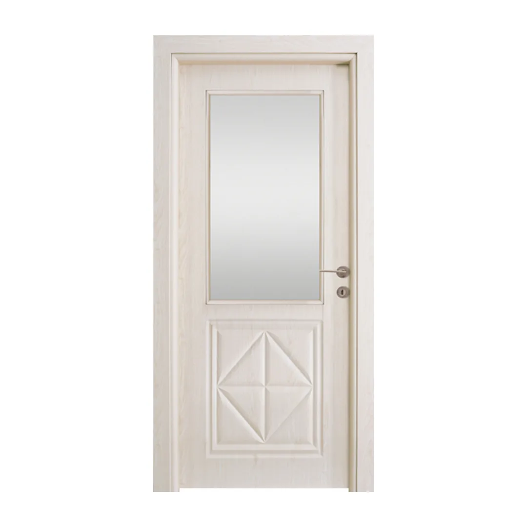 Power International Export 5 Modern Baklava Glass PVC Interior Modern Baklava Glass PVC Interior Door featuring stylish solid wood and glass door design suitable for any home looking for wood doors or glass doors aesthetics.Door installed in a contemporary home setting, showcasing geometric glass design and sleek white frame.