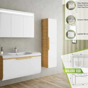 Sophisticated Majori 100 vanity set with white melamine finish, wood detail, soft-close drawer, ceramic washbasin, and lighted mirror cabinet.