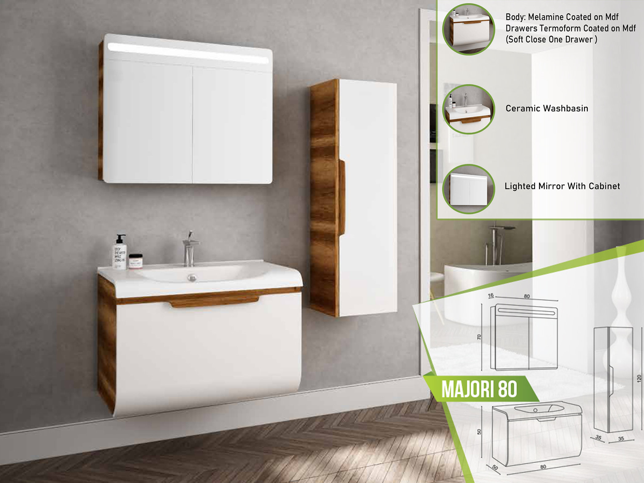 Majori 80 bathroom vanity with sleek design, featuring a ceramic basin and a mirrored cabinet with illumination.
