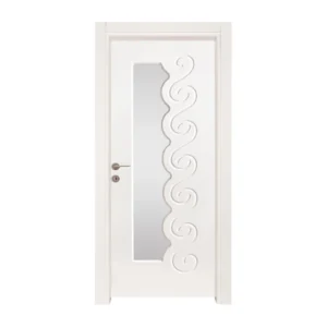 A chic white door featuring a unique ocean-wave glass panel on the side, combining privacy with artful design.