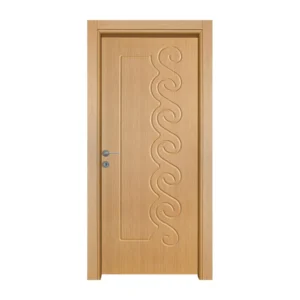 A warm wooden interior door featuring an elegant, wavy line relief design reminiscent of ocean waves.