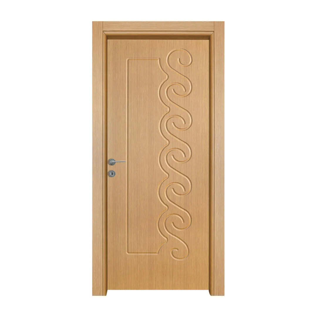 Power International Export 8 A warm wooden interior door featuring an elegant, wavy line relief design reminiscent of ocean waves.
