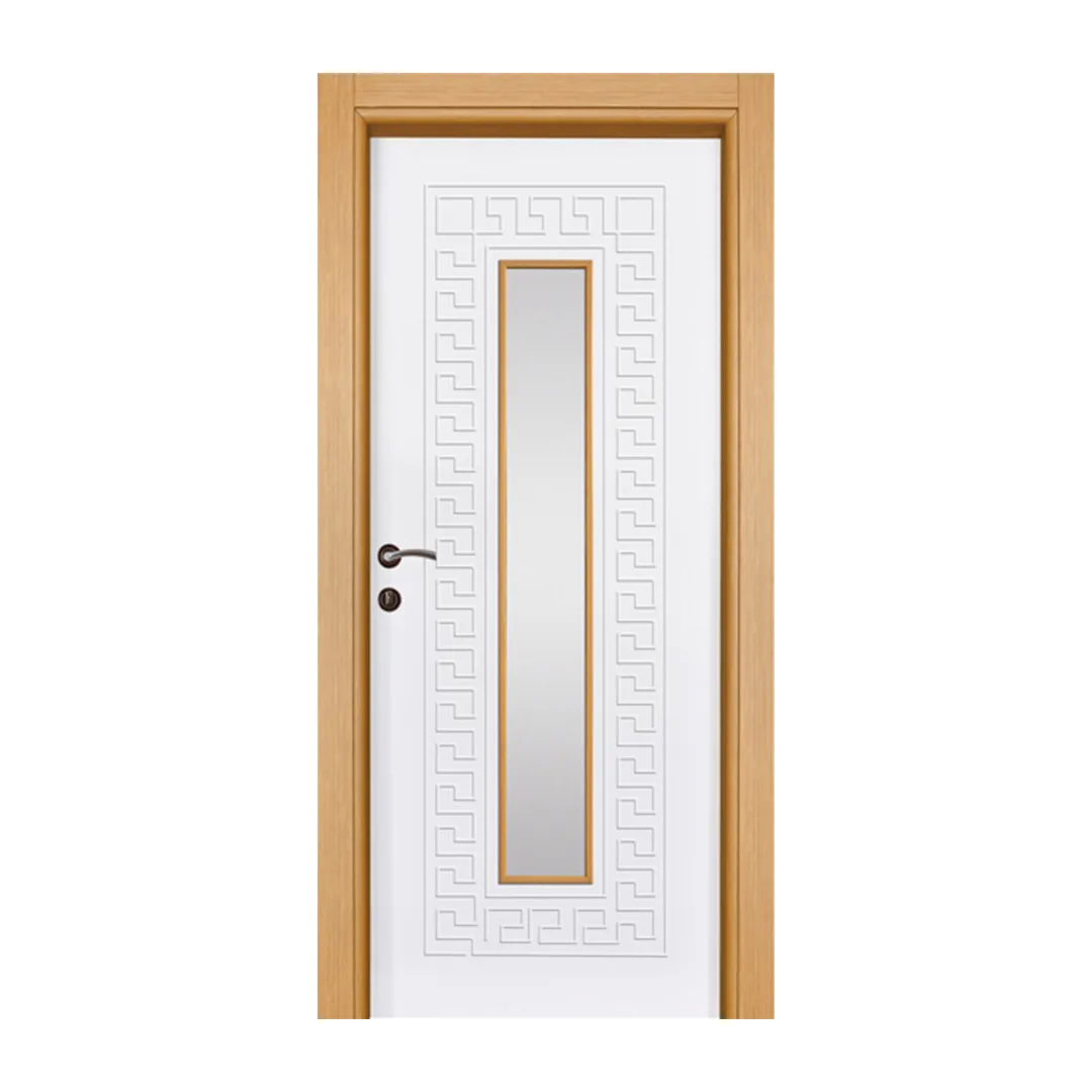 Power International Export 7 Elegant interior door featuring a natural wood frame and a tall, slender glass panel with classic Greek key patterns, known as the Osmanlı Vitre design.