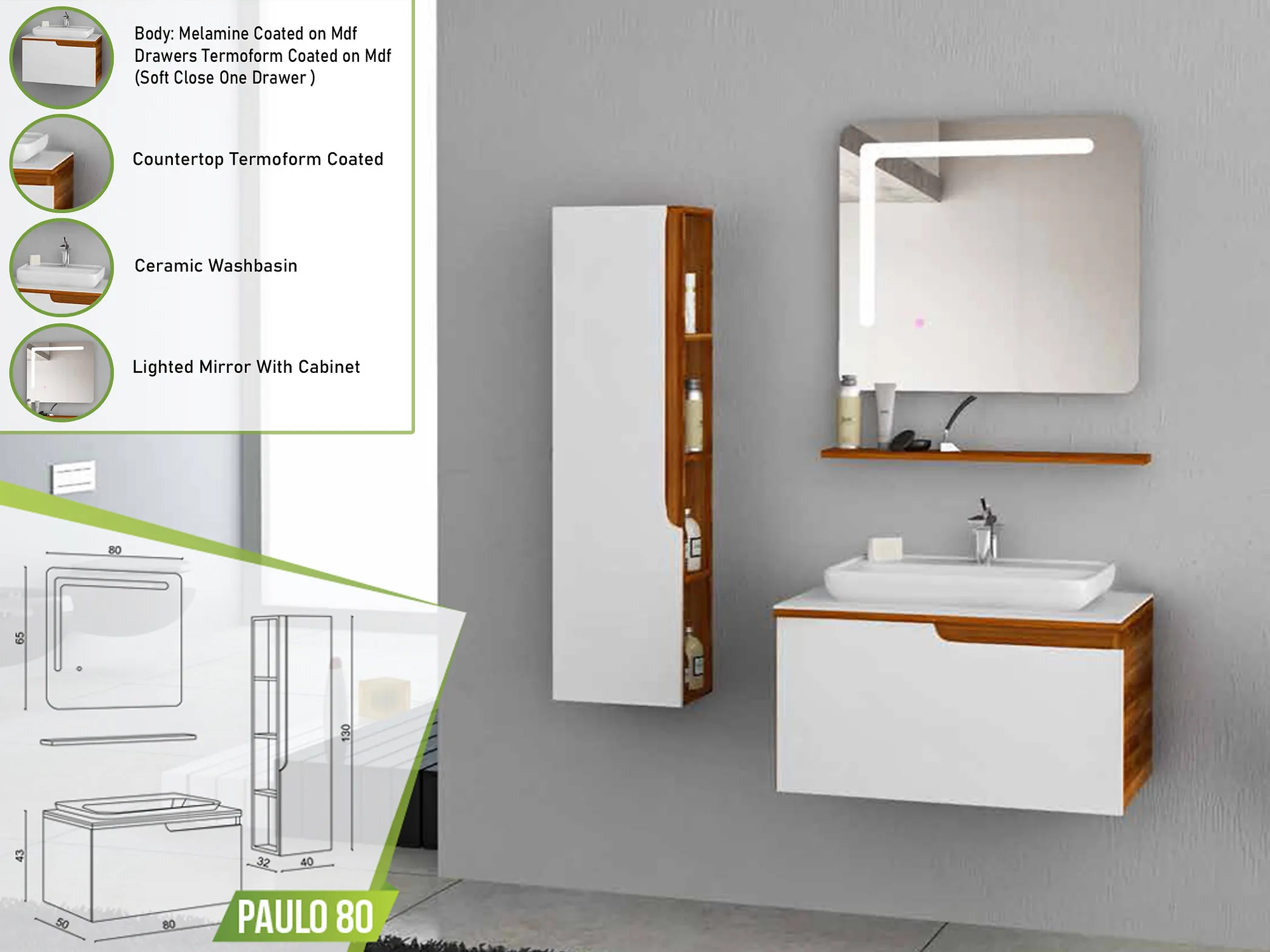 Paulo 80 vanity set in white with wooden accents, soft-close drawer, termoform-coated countertop, ceramic basin, and a shelf-mounted lighted mirror.