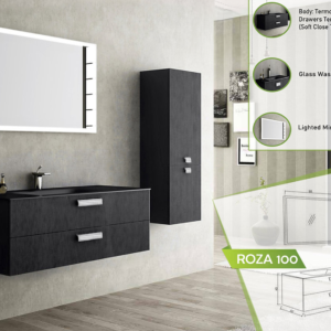 Sophisticated Roza 100 vanity set featuring a dark textured finish, soft-close drawers, a glass washbasin, and an illuminated mirror.