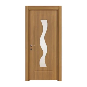 Contemporary interior door with a light wooden finish and a unique wavy glass insert, known as the Su Yolu design.