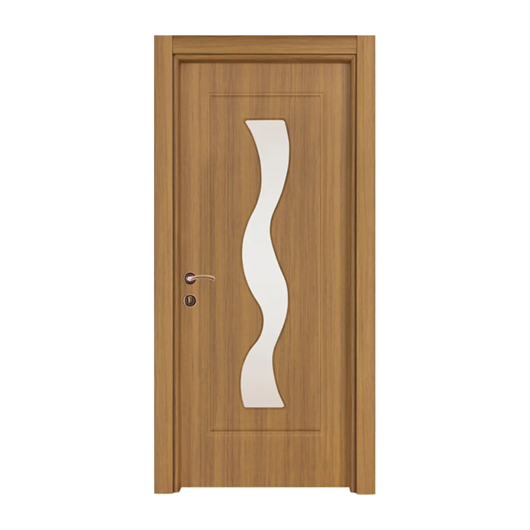 Contemporary interior door with a light wooden finish and a unique wavy glass insert, known as the Su Yolu design.