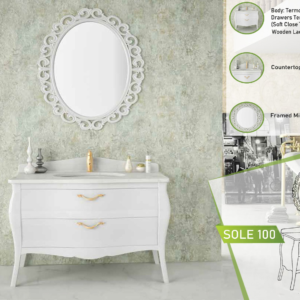 Elegant white bathroom vanity with a curved design and two drawers, set against a textured wall. A classical framed mirror adds a touch of sophistication.