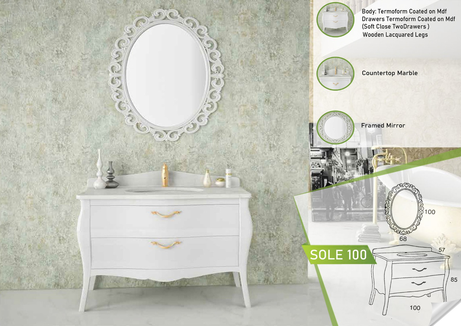 Elegant white bathroom vanity with a curved design and two drawers, set against a textured wall. A classical framed mirror adds a touch of sophistication.