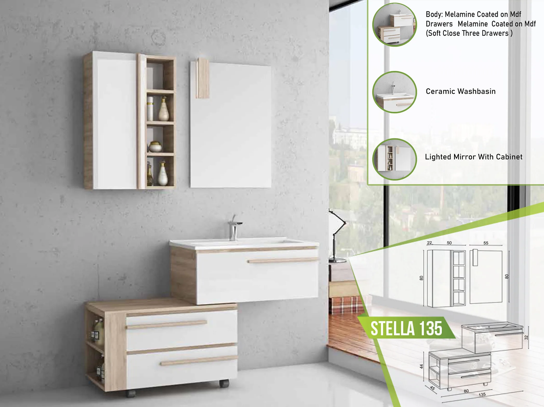 Stella 135 modern bathroom furniture set featuring light wood and white drawers with a ceramic washbasin and a lighted mirror cabinet.