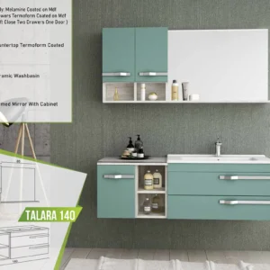 Stylish Talara 140 vanity set in soothing green with spacious drawers, termoform-coated countertop, ceramic basin, and a large framed mirror with cabinet.