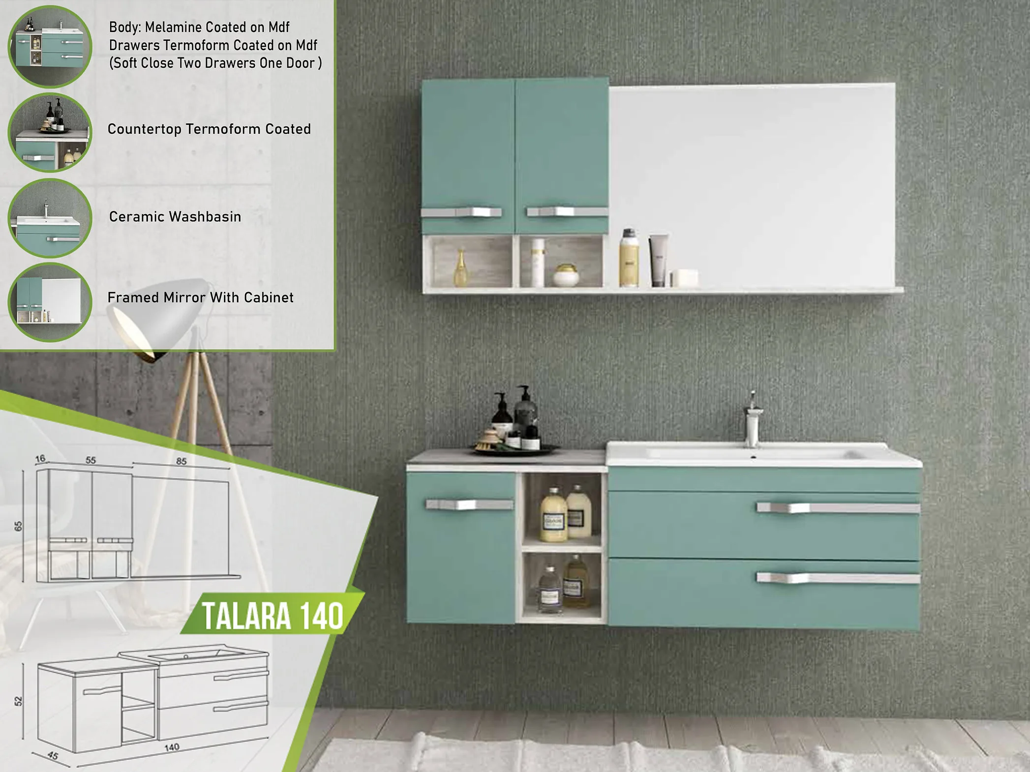 Stylish Talara 140 vanity set in soothing green with spacious drawers, termoform-coated countertop, ceramic basin, and a large framed mirror with cabinet.