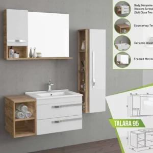 Chic Talara 95 vanity set with melamine finish, open shelf, soft-close drawers, ceramic washbasin, and a framed mirror with a cabinet.