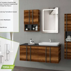 Terra 120 luxurious bathroom vanity set with rich wood texture, ceramic basin, and illuminated mirror.