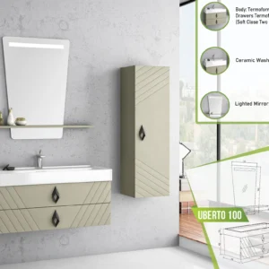 Wall-mounted Uberto 100 vanity with two drawers, diamond-shaped handles, a ceramic basin, and a lighted mirror.