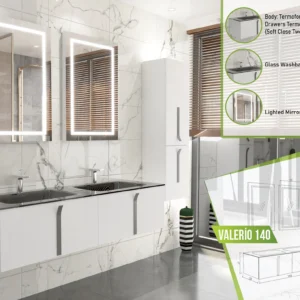 Valerio 140 white double vanity with glass basins and rectangular lighted mirrors against marble wall.