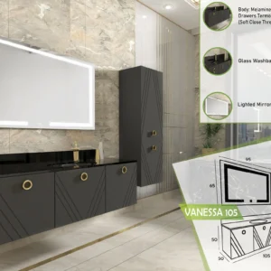 Modern black Vanessa 105 vanity with gold hardware, glass basin, and a wide lighted mirror.