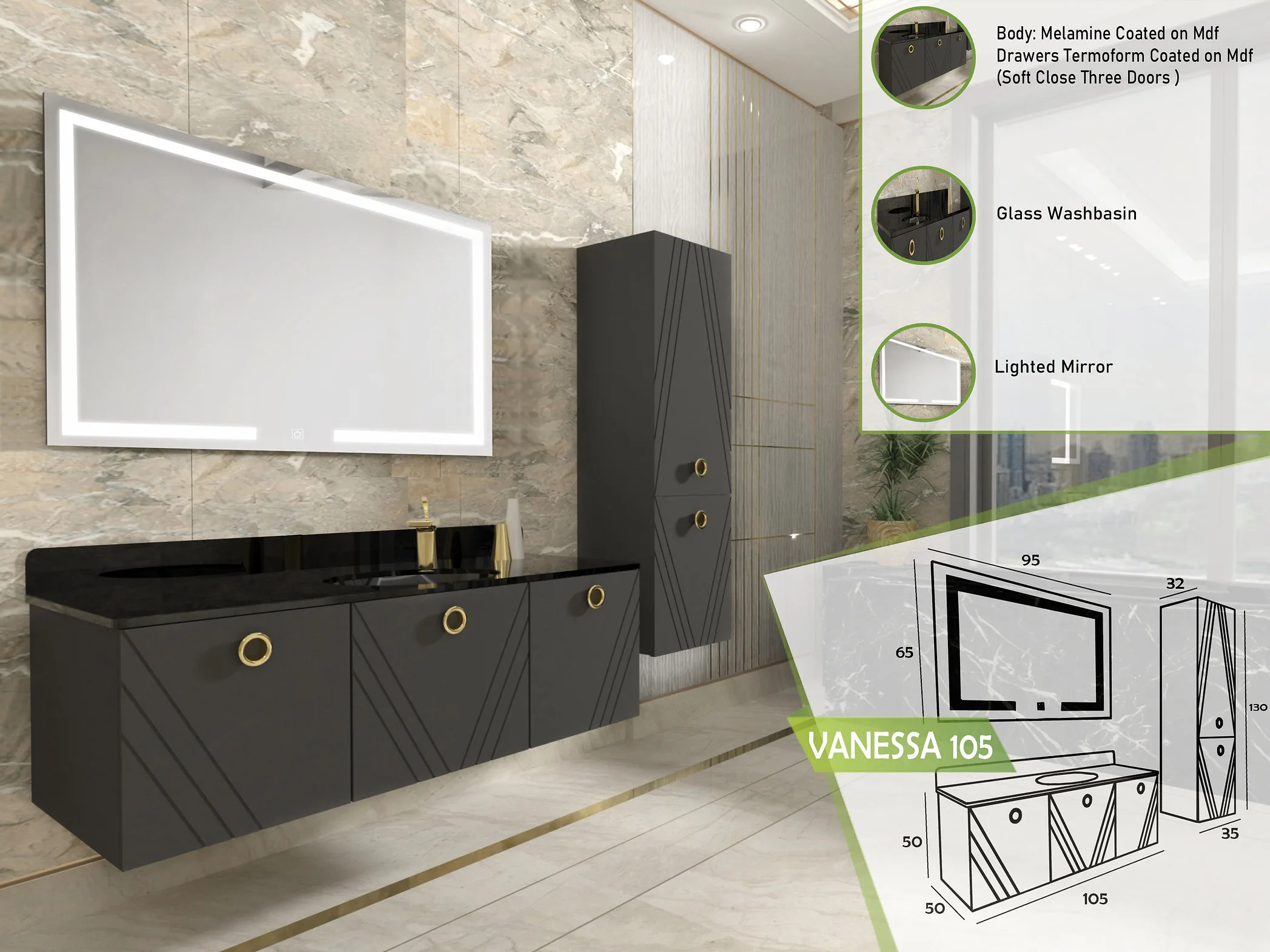Modern black Vanessa 105 vanity with gold hardware, glass basin, and a wide lighted mirror.