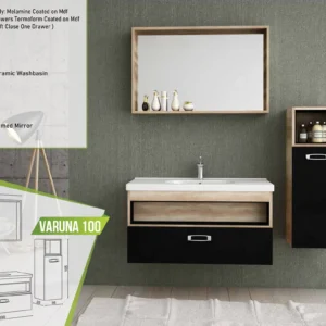 Varuna 100 vanity set featuring a contrasting black and wood design, soft-close drawer, white ceramic washbasin, and a wooden-framed mirror.