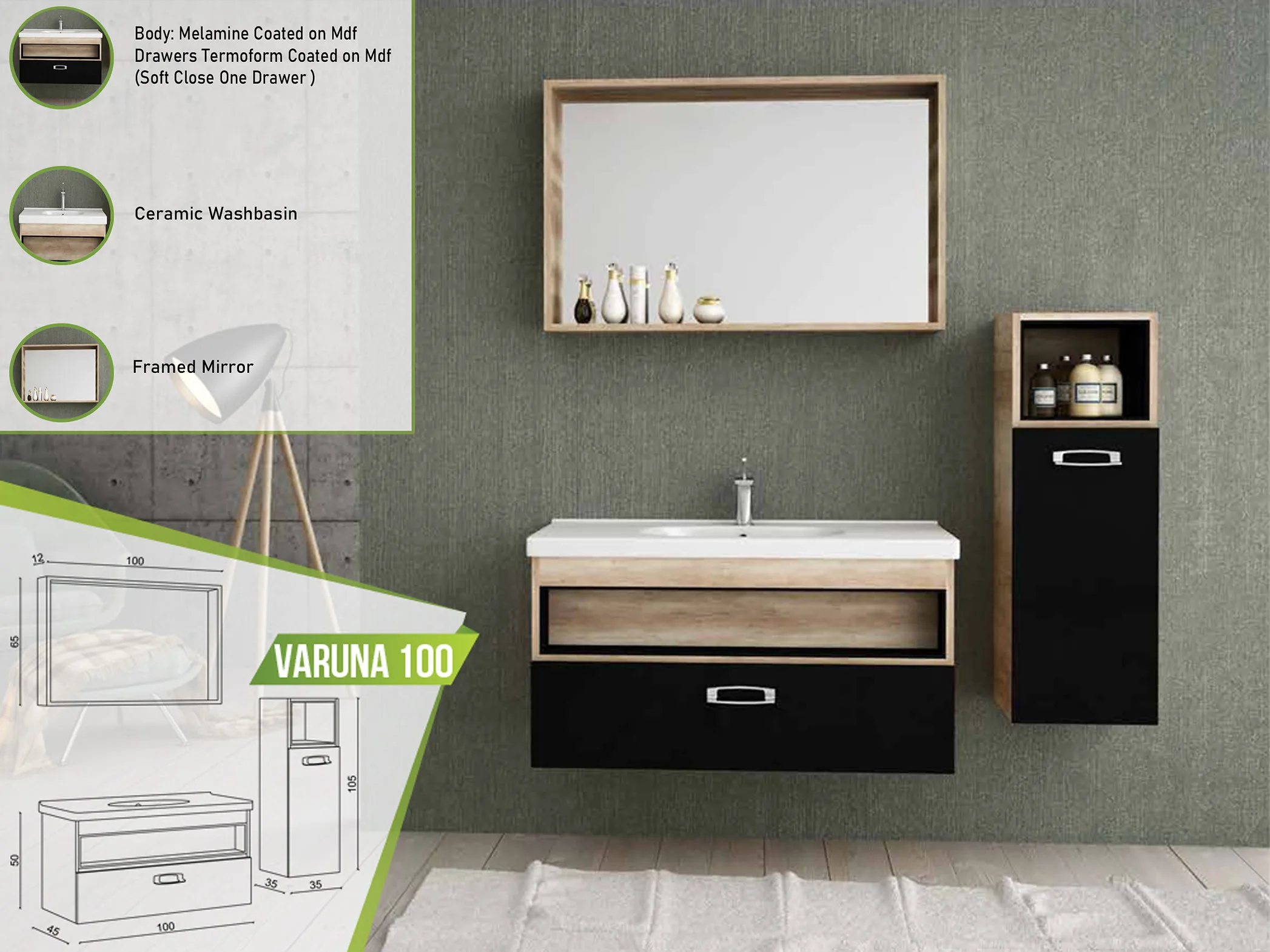 Varuna 100 vanity set featuring a contrasting black and wood design, soft-close drawer, white ceramic washbasin, and a wooden-framed mirror.