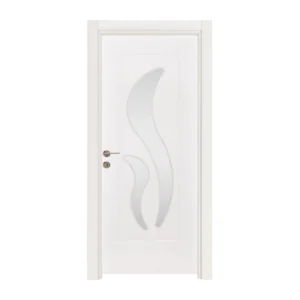 Stylish white Yaprak wooden door with unique glass wave design.