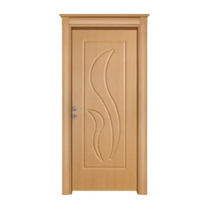 Warm wooden Yaprak interior door featuring a"Modern glass shower cabin with sleek stainless steel fittings and transparent, easy-clean panels, suitable for contemporary bathrooms." unique leaf-like design
