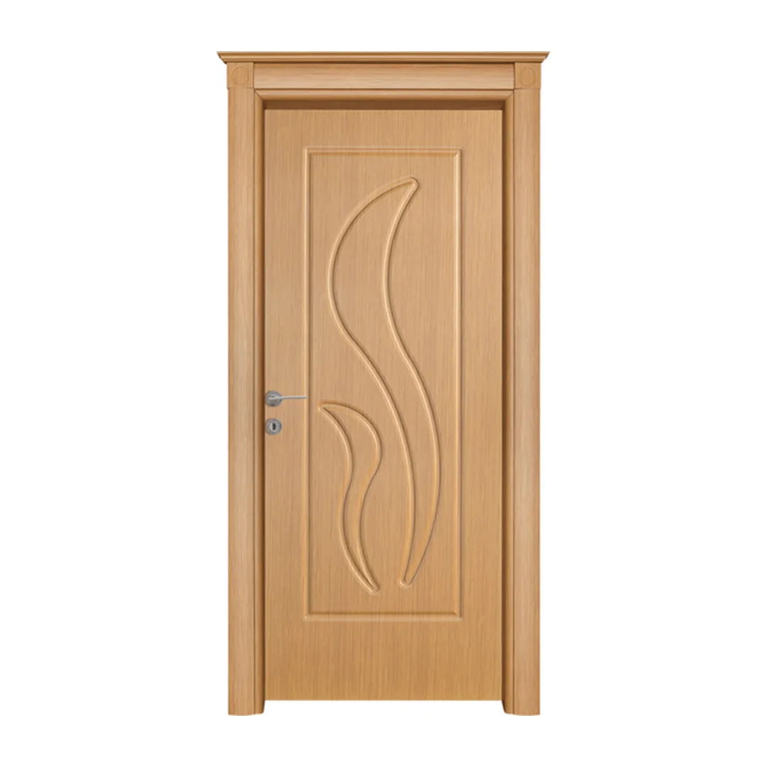 Warm wooden Yaprak interior door featuring a"Modern glass shower cabin with sleek stainless steel fittings and transparent, easy-clean panels, suitable for contemporary bathrooms." unique leaf-like design