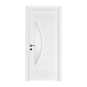 Modern white Yeni Dünya wooden door with glass elements and circular details.