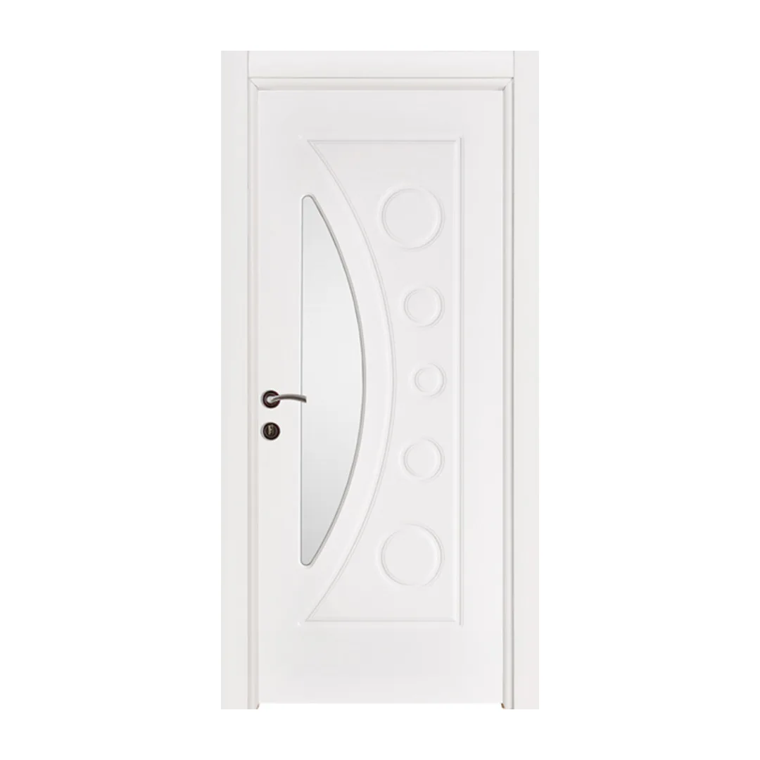 Modern white Yeni Dünya wooden door with glass elements and circular details.
