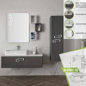 Sleek ALBINA 110 bathroom vanity with a chic lighted mirror and a soft-close drawer.