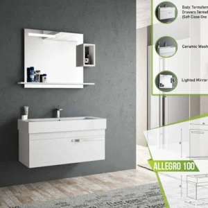 Modern ALLEGRO 100 bathroom vanity featuring a ceramic washbasin and lighted mirror.