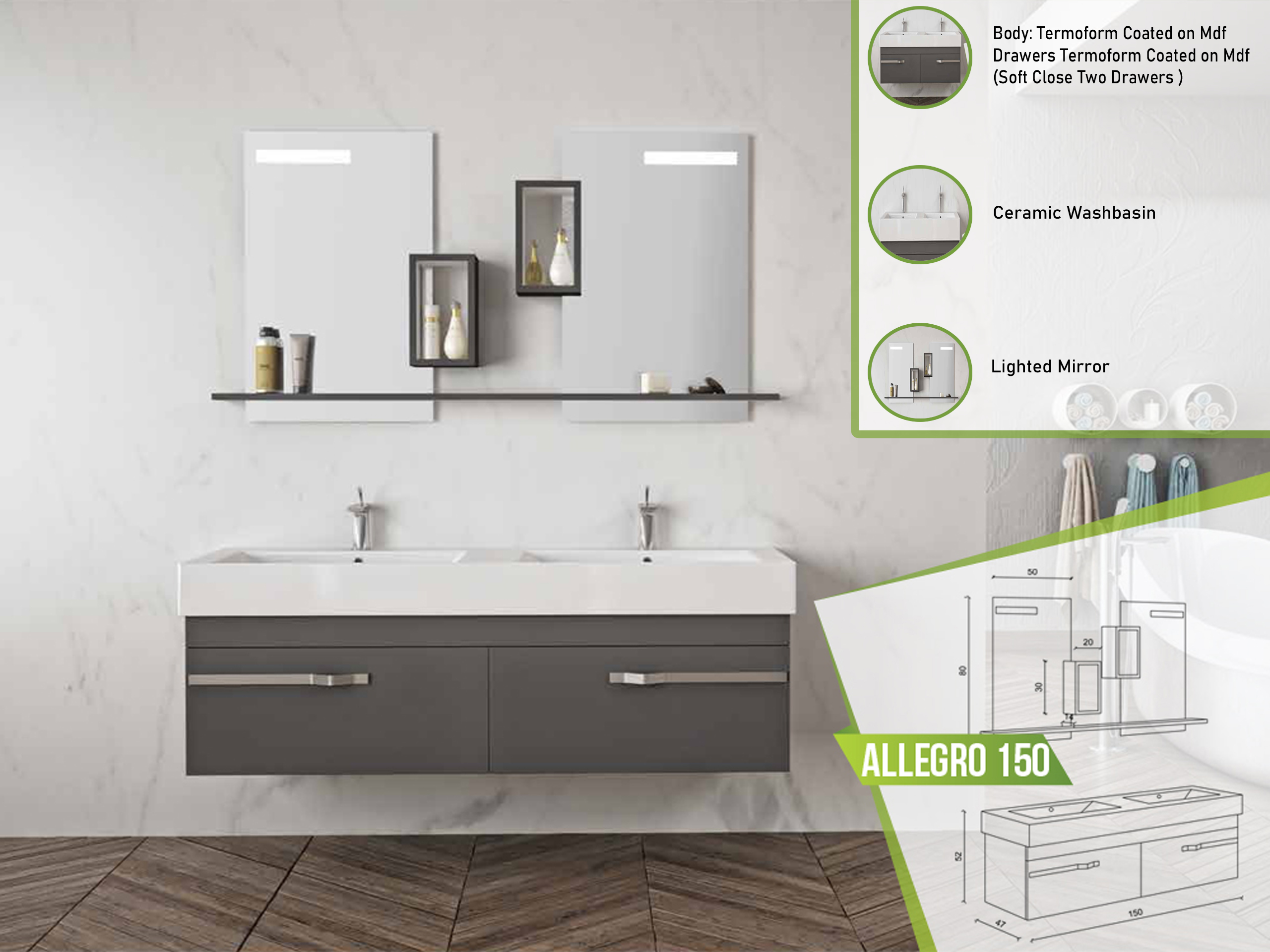 Allegro 150 modern bathroom vanity set with soft-close drawers and a lighted mirror.