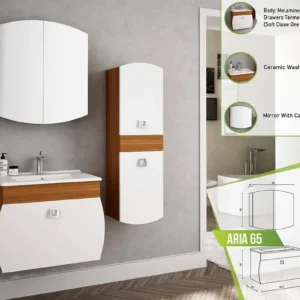 Contemporary Aria 65 bathroom vanity with a wooden finish, ceramic washbasin, and an integrated circular mirror cabinet.
