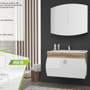 Contemporary Aria 85 vanity in white with wood details, a ceramic basin, and a curved mirror with cabinet.