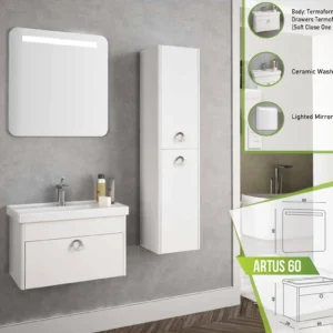 Wall-mounted white bathroom vanity with thermoform-coated MDF and soft-close drawer, alongside a ceramic washbasin and a lighted mirror. Bathroom furniture