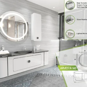 Arvesta 140 curved bathroom vanity with lighted circular mirror and glass washbasin.
