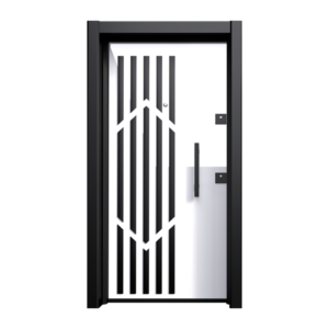 Stylish anthracite exterior door from the Cosmos series, adorned with a unique geometric wooden inlay, blending modern design with natural elements.