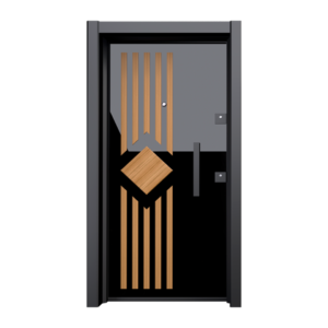 Stylish anthracite exterior door from the Cosmos series, adorned with a unique geometric wooden inlay, blending modern design with natural elements.